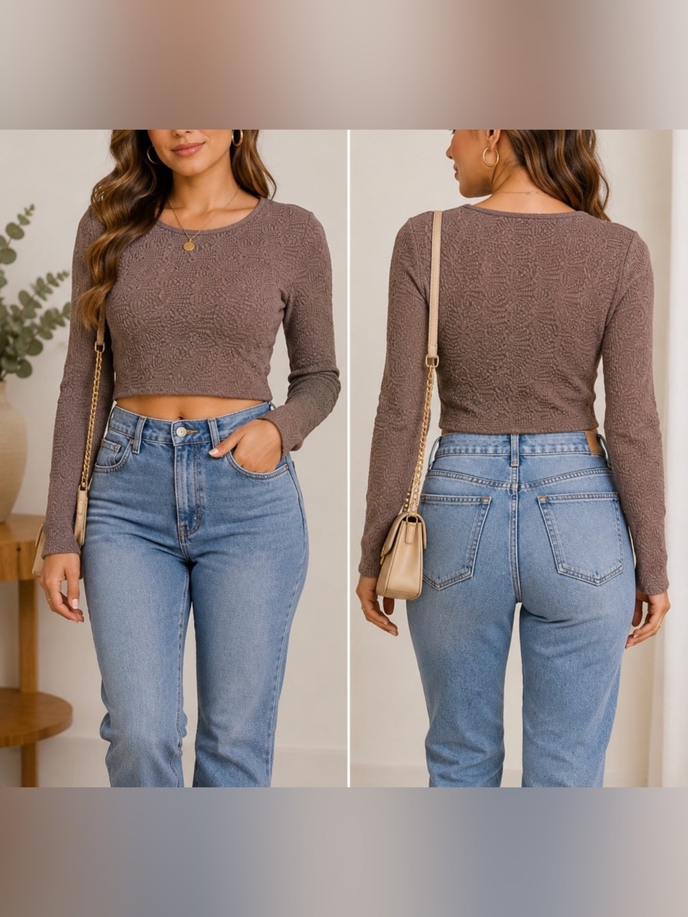 Zara Brown Fitted Long Sleeve Crop Top